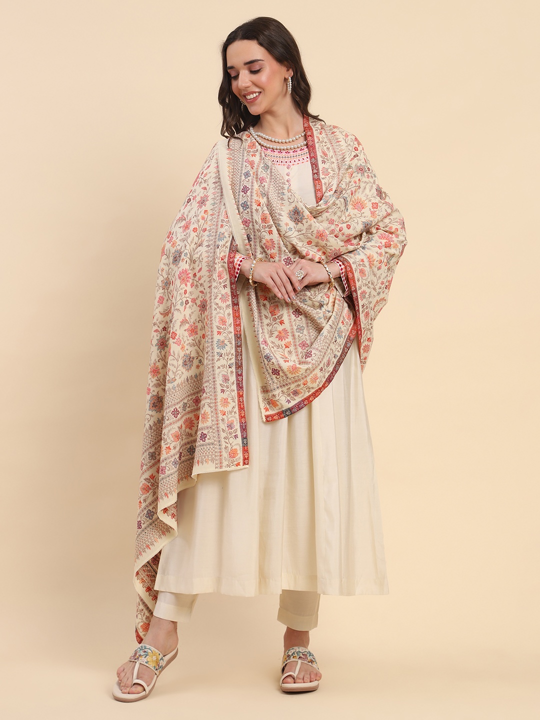 

La Vastraa Women Floral Woven Design Shawl, White