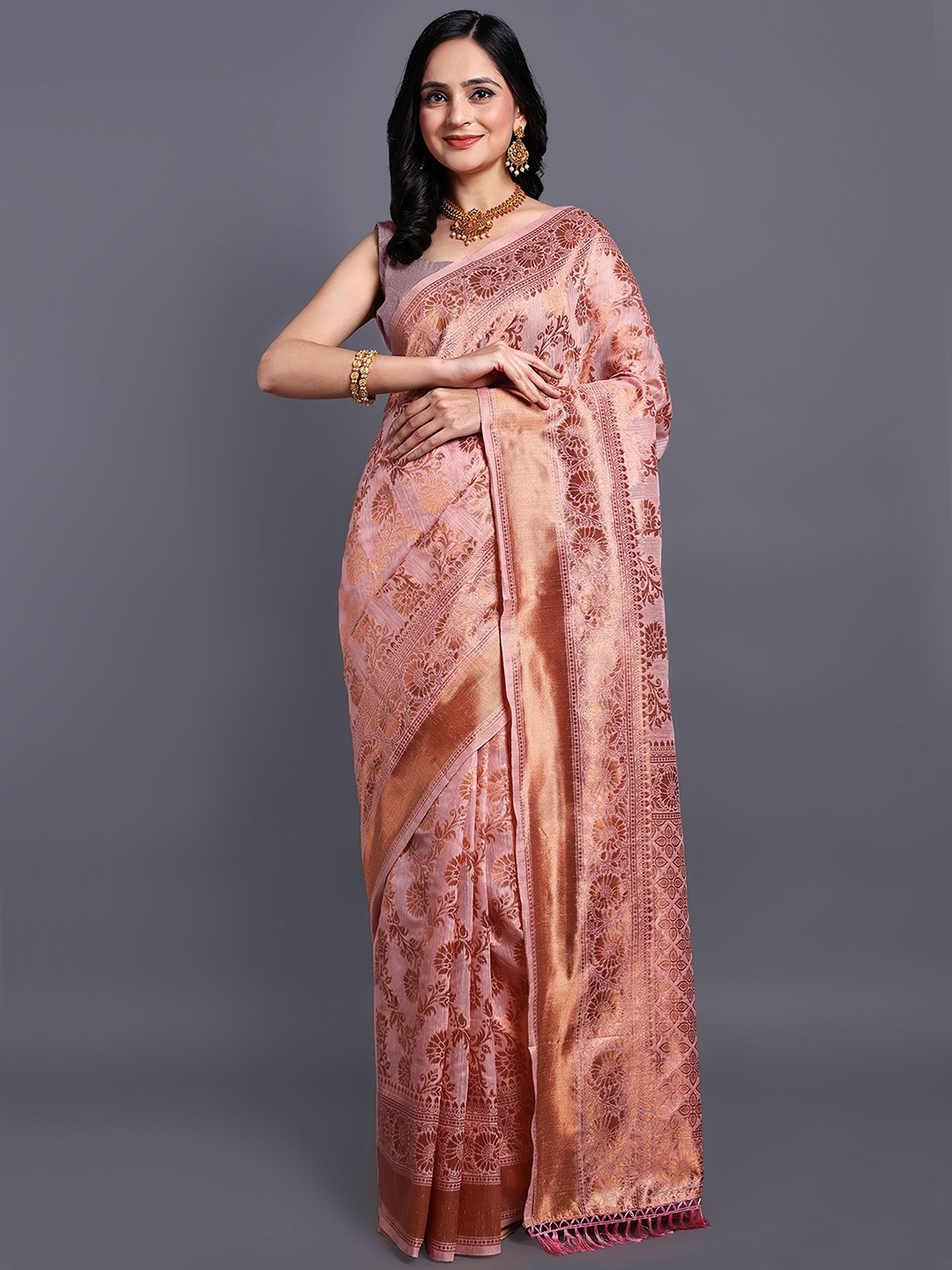 

SWAMI STUDIO Floral Zari Pure Cotton Kanjeevaram Saree, Pink