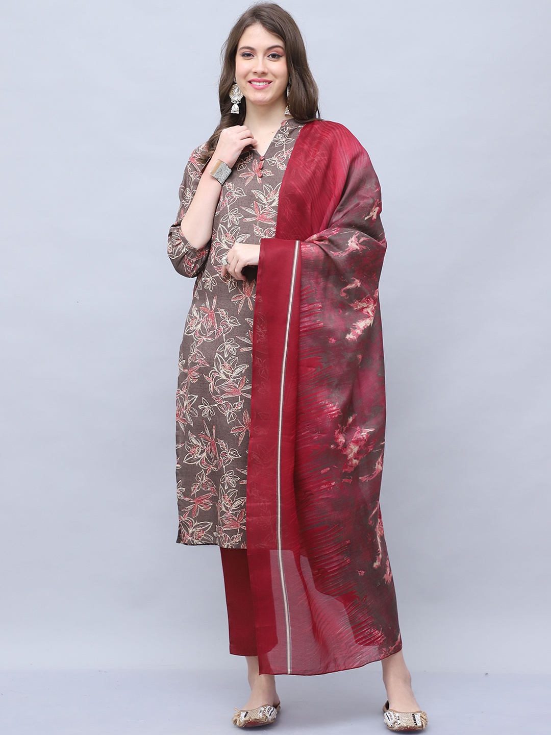 

Rajnandini Floral Printed Mandarin Collar Straight Kurta with Trousers & Dupatta, Brown