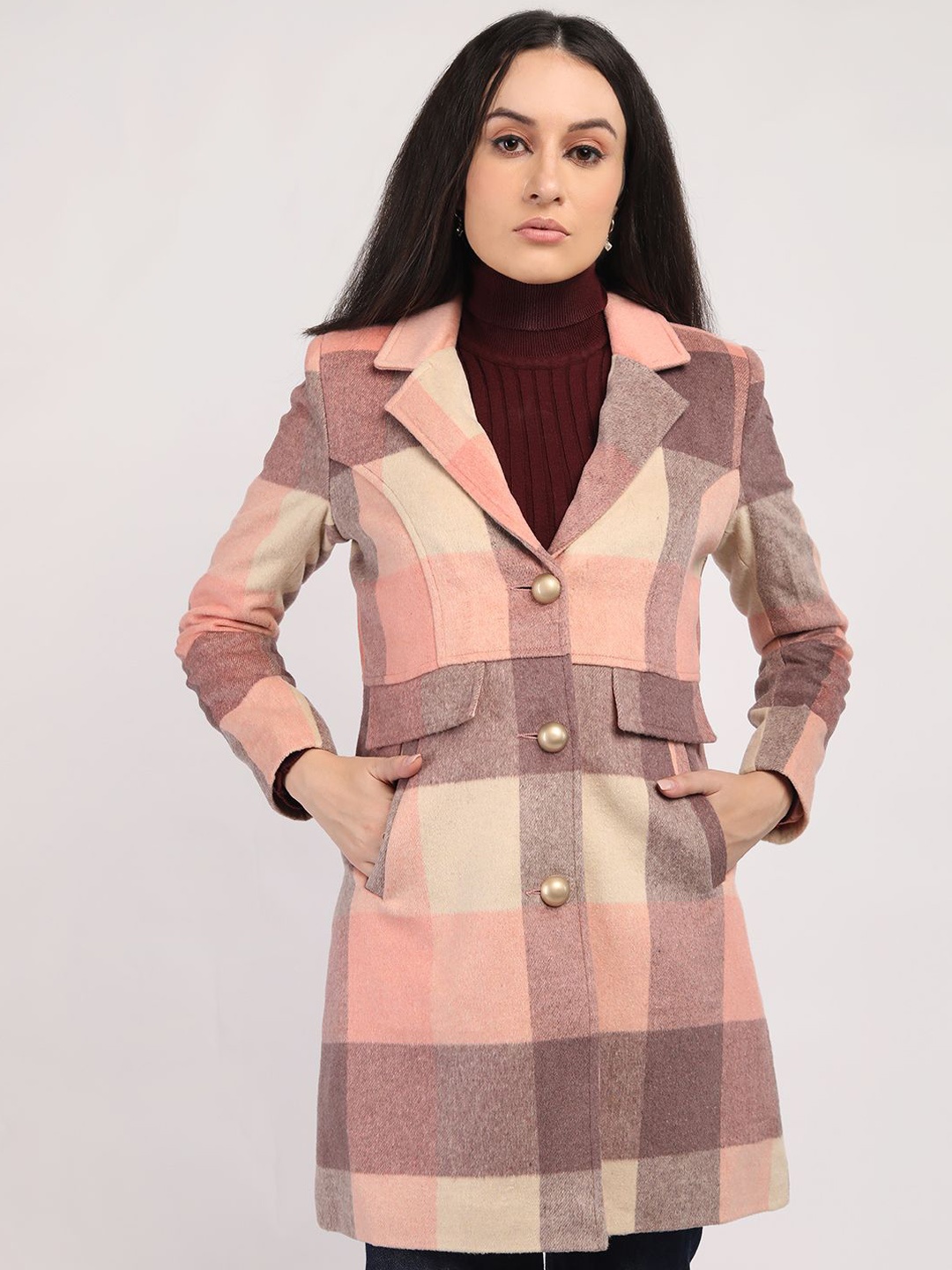

HONNETE Women Checked Winter Coat, Pink