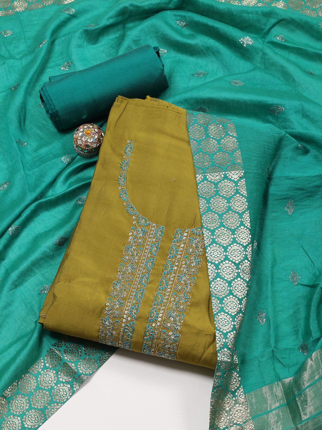 

Meena Bazaar Floral Embroidered Sequinned Unstitched Dress Material, Green