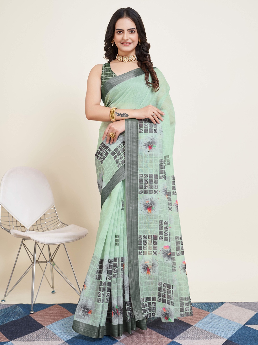 

bansari textiles Floral Zari Pure Georgette Saree, Green