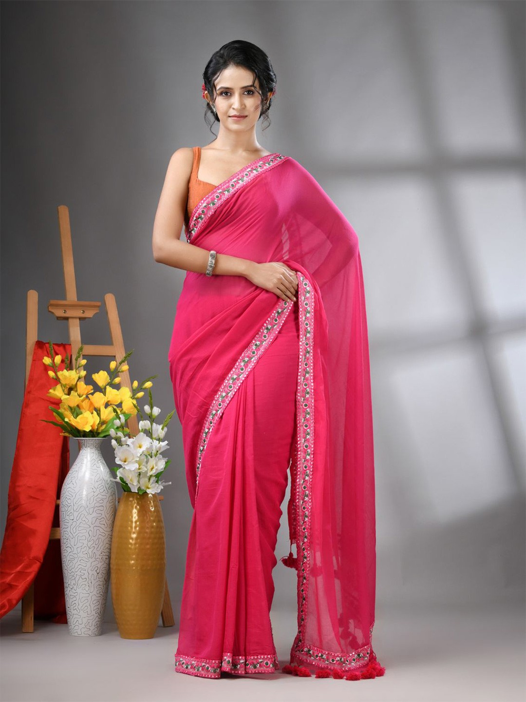 

Charukriti Embroidered Pure Cotton Saree, Pink