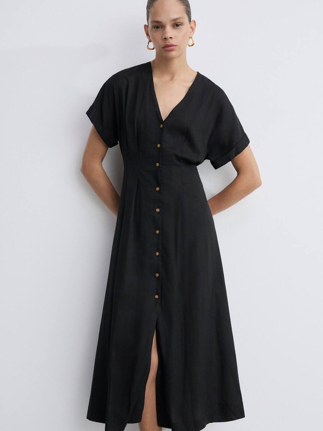 

MANGO Button Detail Front Slit A-Line Midi Dress, Black