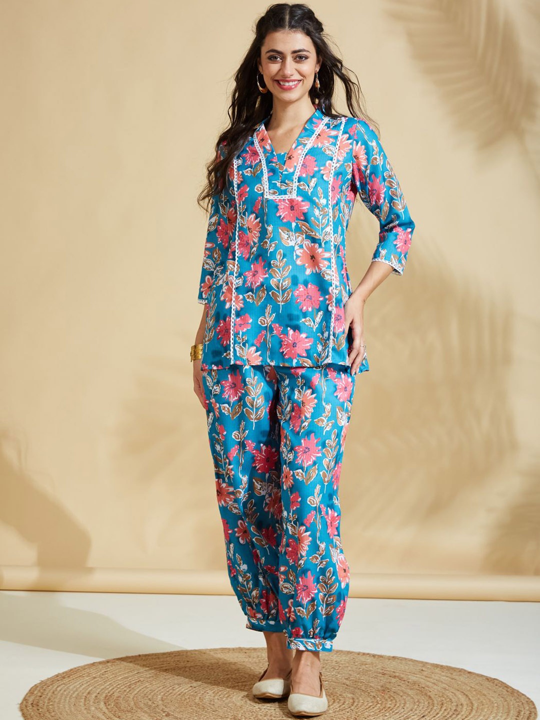 

J Turritopsis Floral Printed Tunic & Trouser, Blue