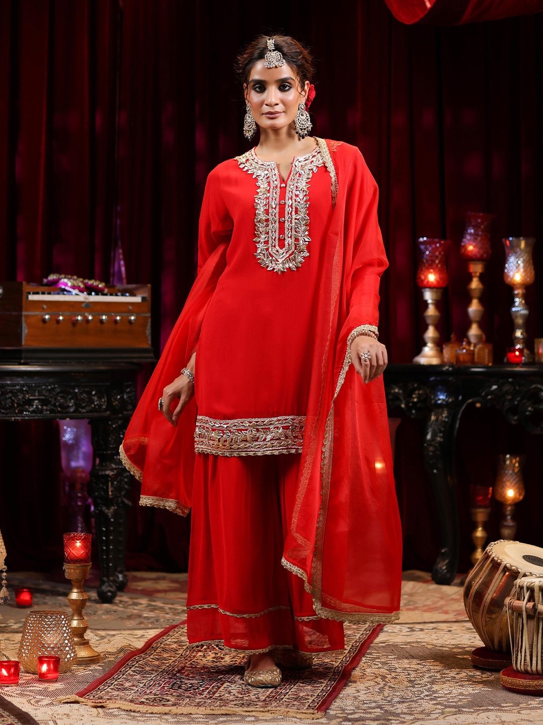 

SCAKHI Ethnic Motifs Embroidered Gotta Patti Georgette Kurta with Sharara & Dupatta, Red