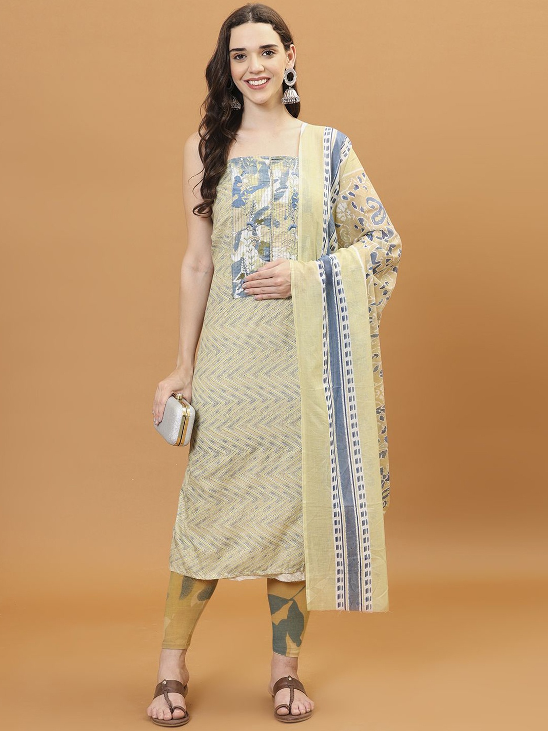 

Meena Bazaar Chevron Printed Sequinned Unstitched Dress Material, Green