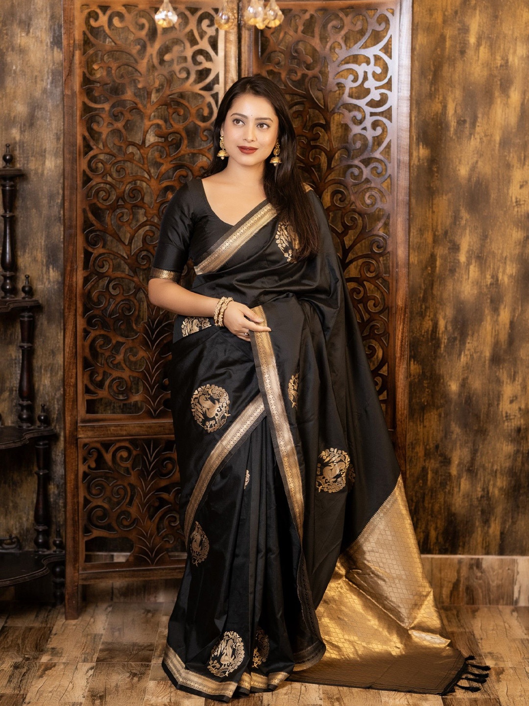

Mitera Ethnic Motifs Zari Silk Blend Saree, Black