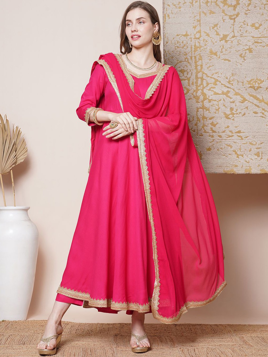 

GoSriKi Sweetheart Neck Anarkali Kurta With Trousers & Dupatta, Pink