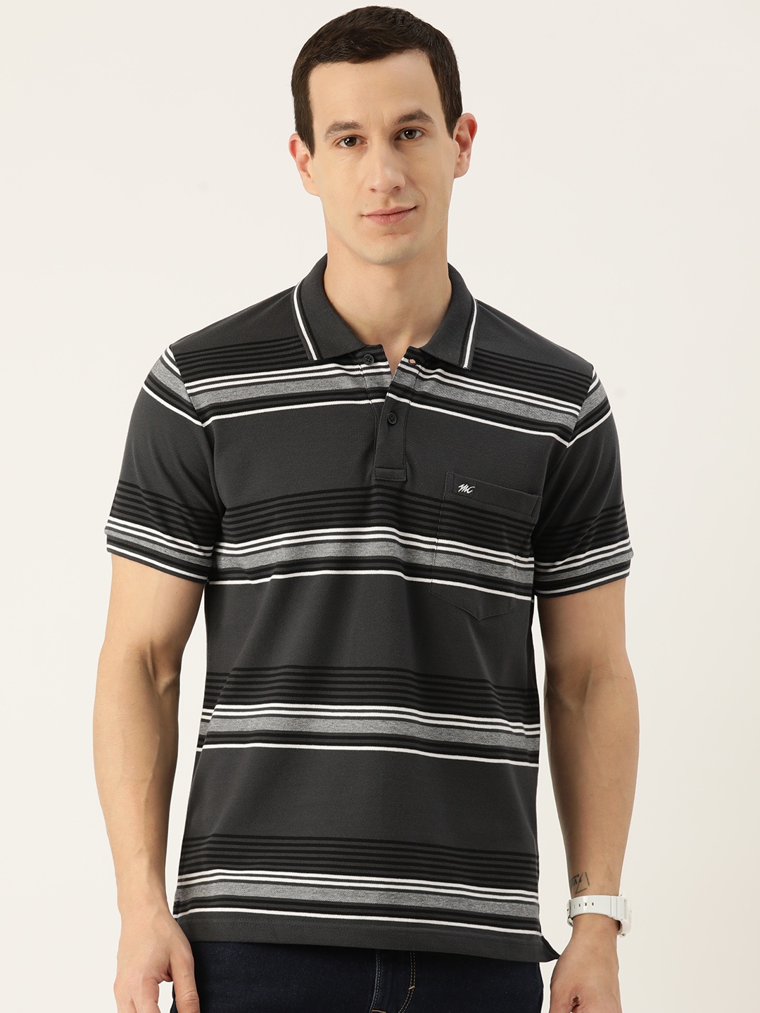 

Monte Carlo Men Striped Polo Collar T-shirt, Grey