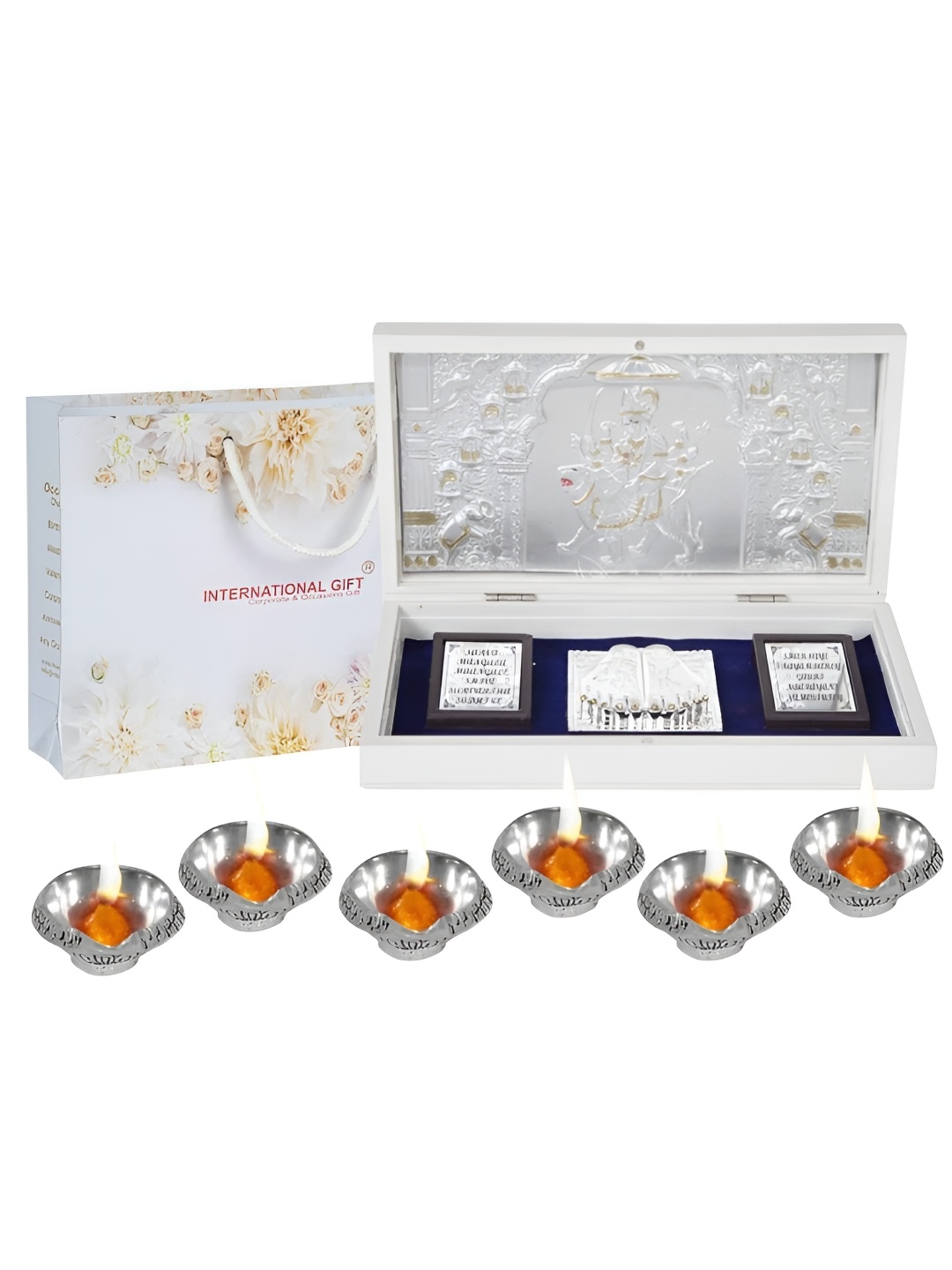 

INTERNATIONAL GIFT Silver-Toned Durga Mata Charan Paduka Box 6 with Diya