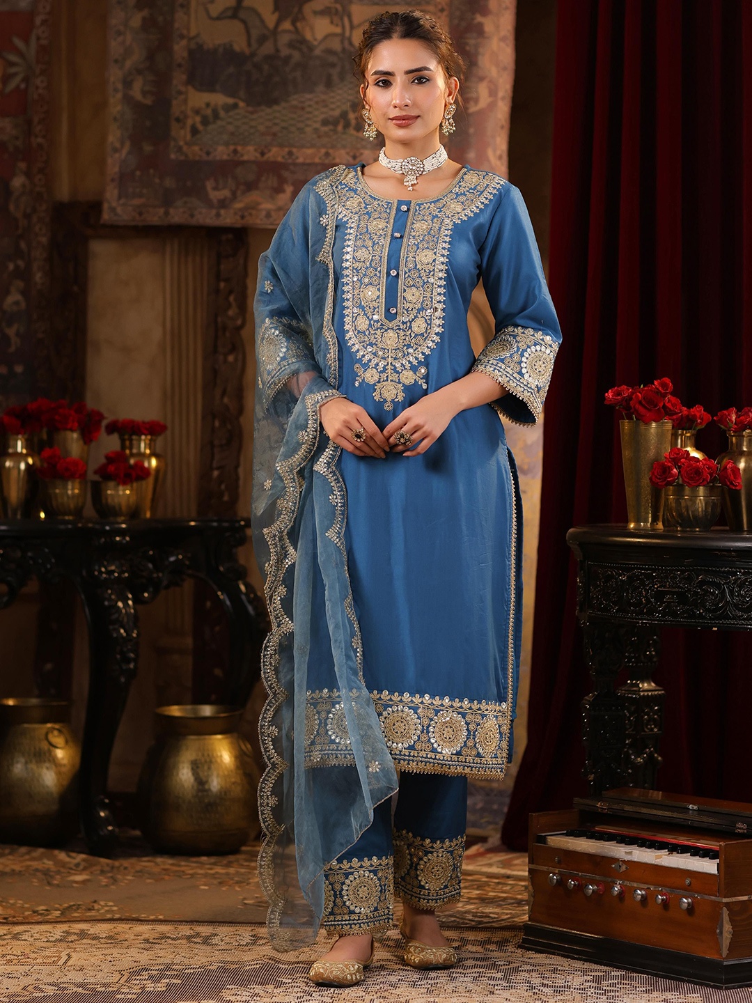 

SCAKHI Floral Embroidered Sequinned Chanderi Silk Straight Kurta with Trousers & Dupatta, Teal