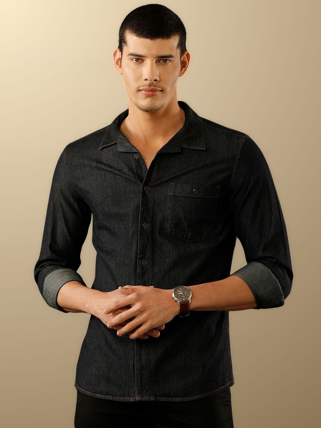 

TEMPLE OF DENIM Men India Slim Cuban Collar Solid Denim Casual Shirt, Black