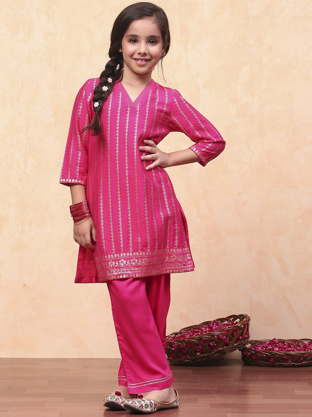 

Biba Girls Striped Printed V-Neck A-Line Kurta with Palazzos, Fuchsia