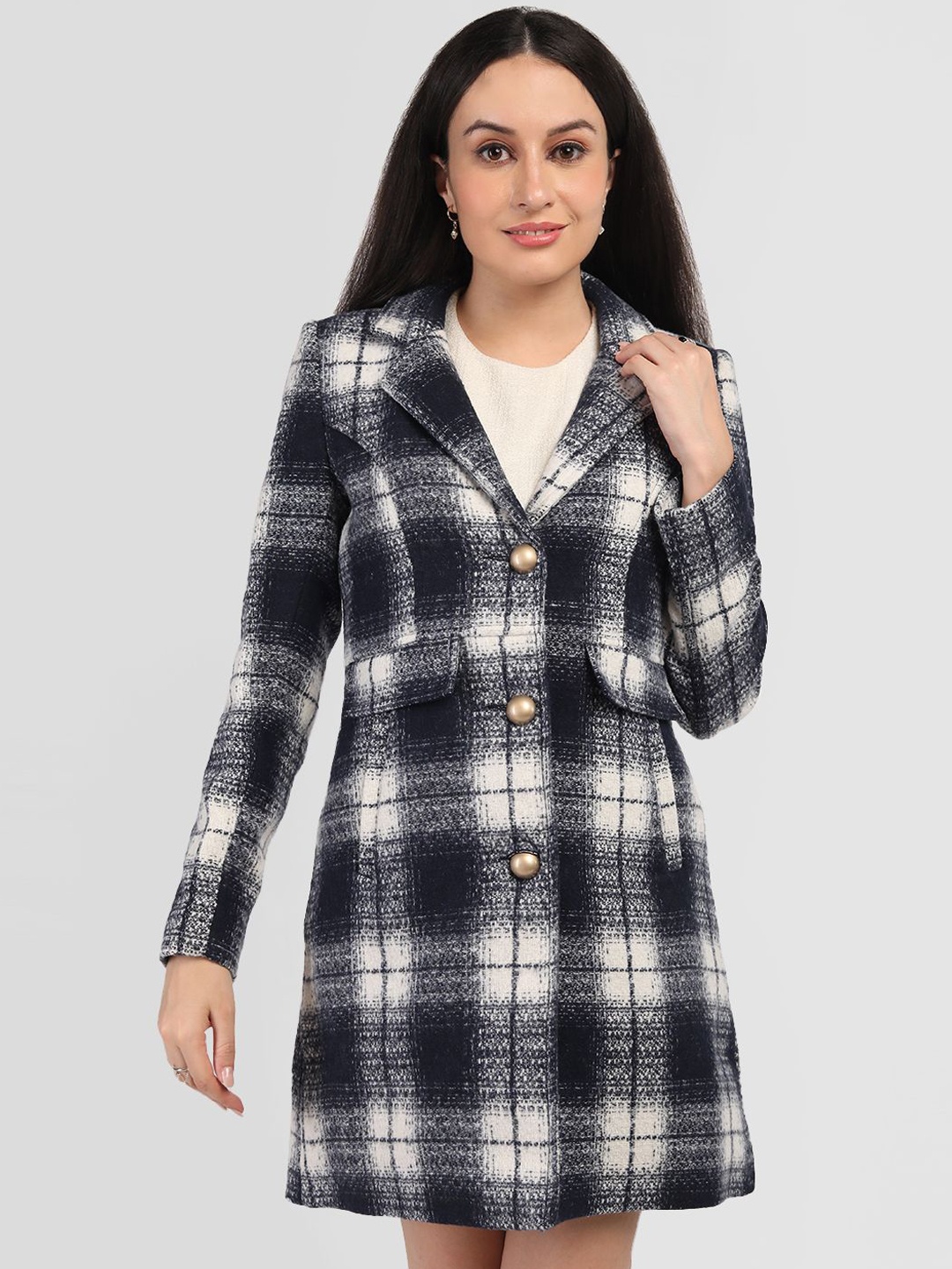 

HONNETE Women Checked Notched Lapel Collar Single-Breasted Winter Overcoat, Blue