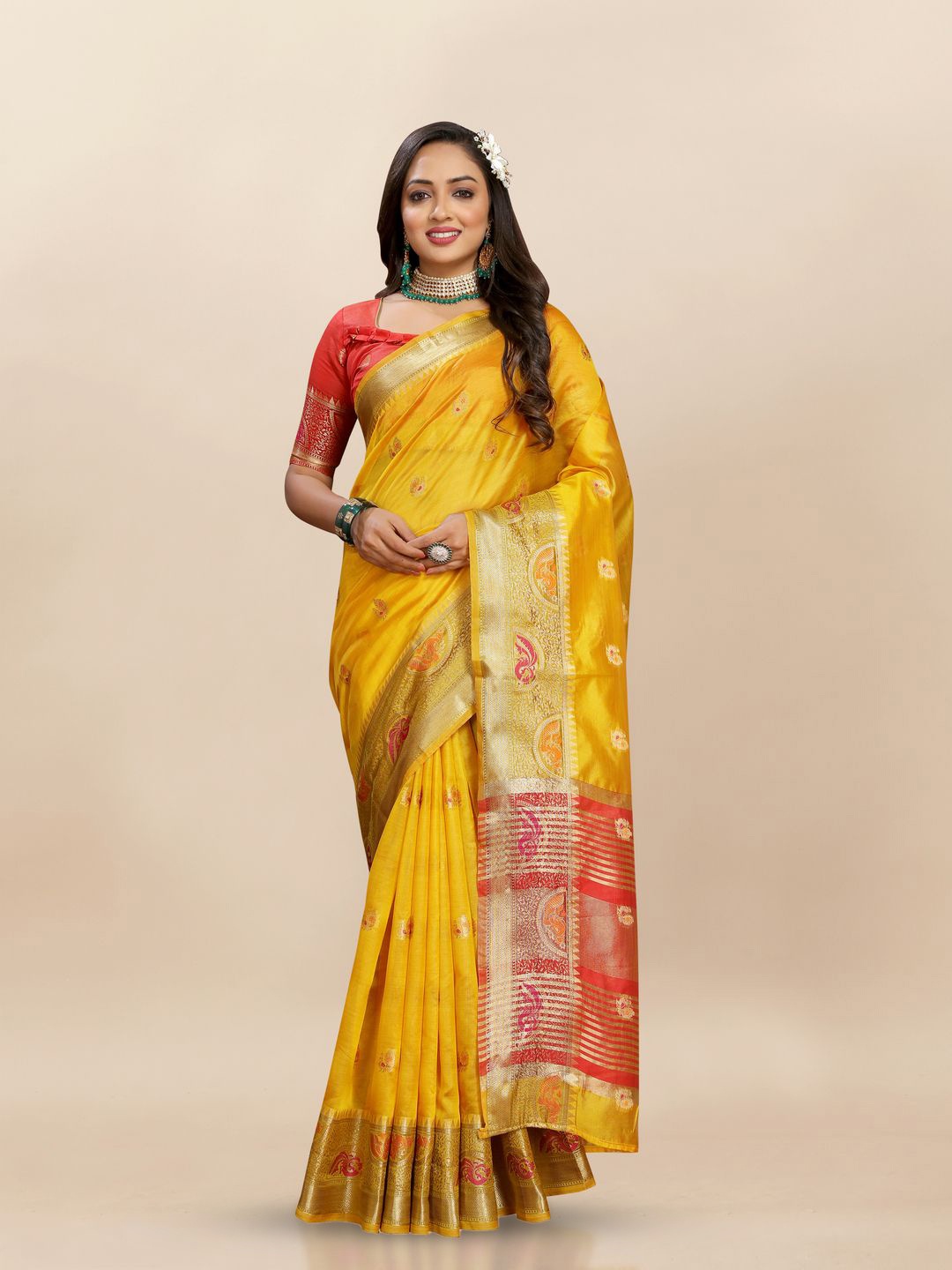 

MOKSHA DESIGNS Ethnic Motifs Zari Pure Silk Banarasi Saree, Yellow