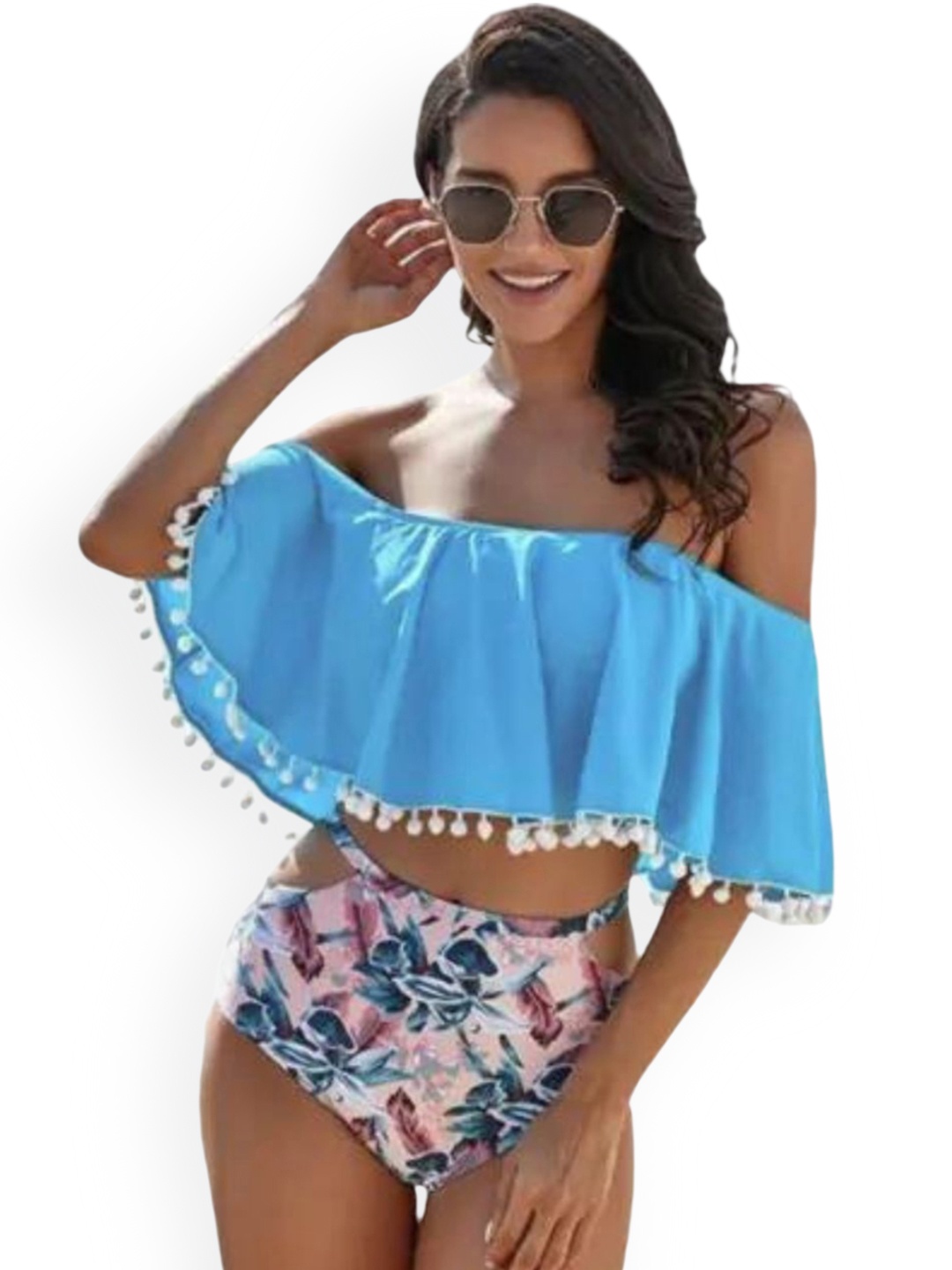 

ANGEL CROSHET Printed Flounce Tassel Swim Set, Blue