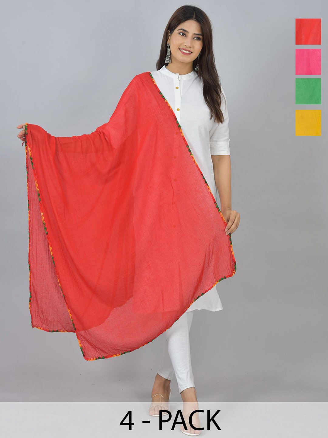 

LA FEMINAE Pack Of 4 Pure Cotton Dupatta, Yellow