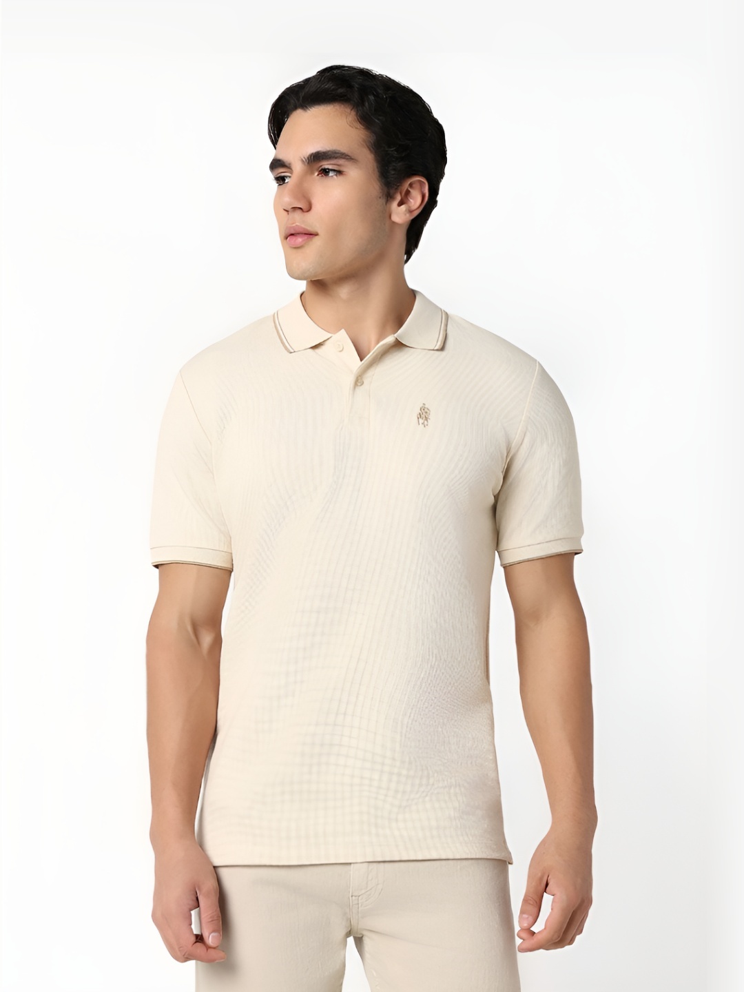 

R&B Men Solid Polo Collar Cotton T-shirt, Cream