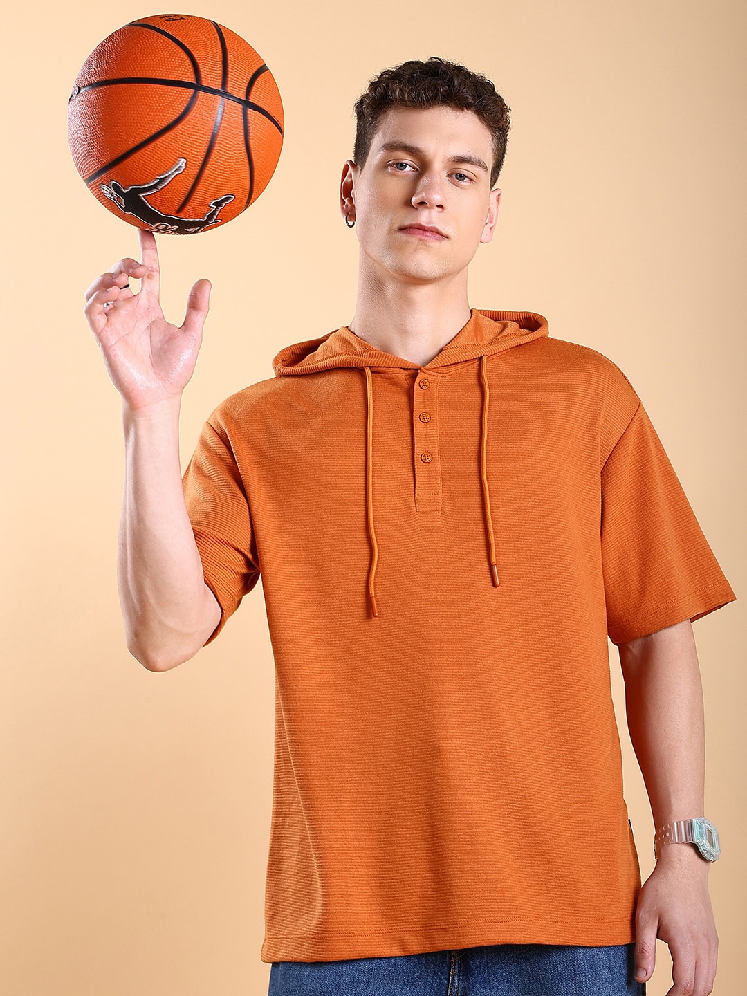 

KETCH Hooded Drop-Shoulder Sleeves Oversized Hooded Popcorn Structured Tshirt, Rust