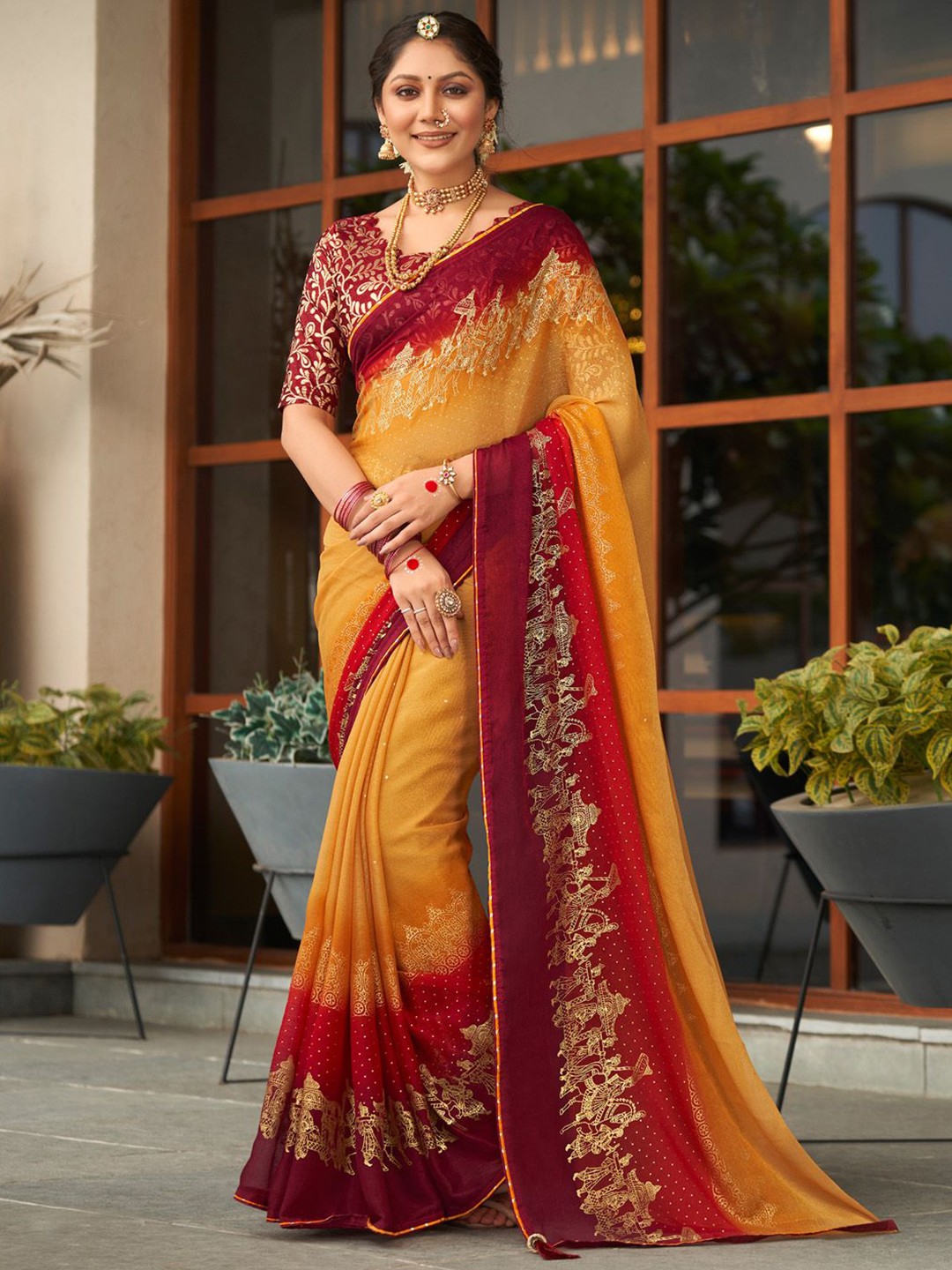 

Anouk Ethnic Motifs Zari Poly Chiffon Saree, Beige