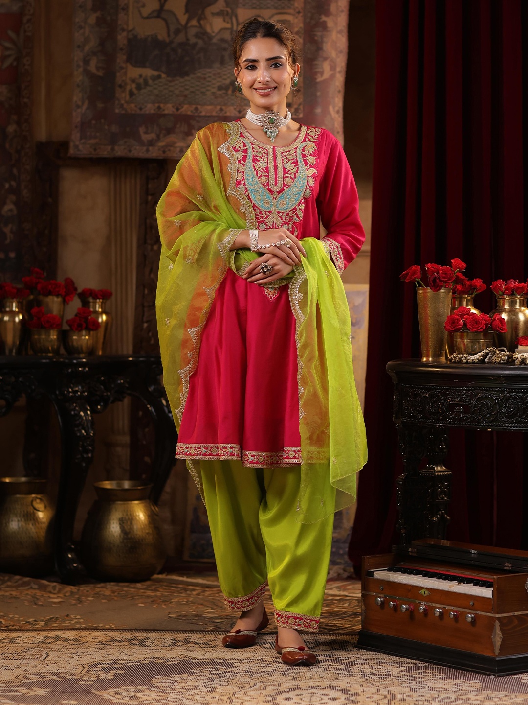

SCAKHI Floral Embroidered Dupion Silk Anarkali Kurta with Salwar & Dupatta, Fuchsia