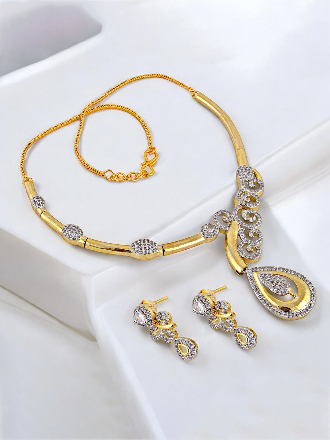 

LUCKY JEWELLERY 18K Gold-Plated American Diamond Stone-Studded Jewellery Set