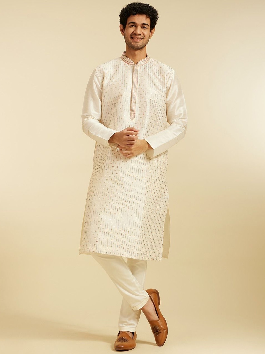 

Diwas by Manyavar Striped Embroidered Sequinned Mandarin Collar Straight Kurta, White