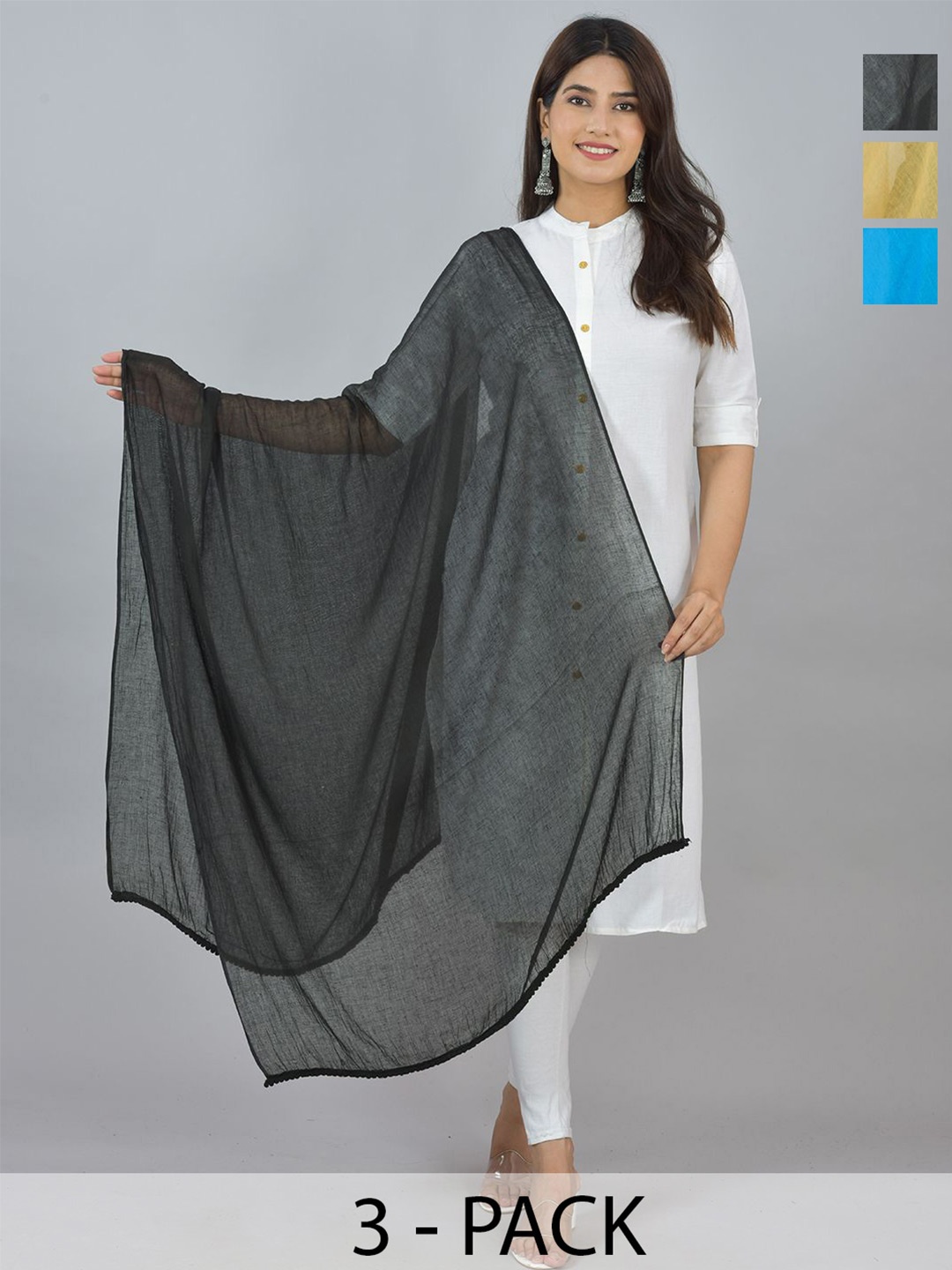 

LA FEMINAE Pack Of 3 Pure Cotton Dupatta, Turquoise blue