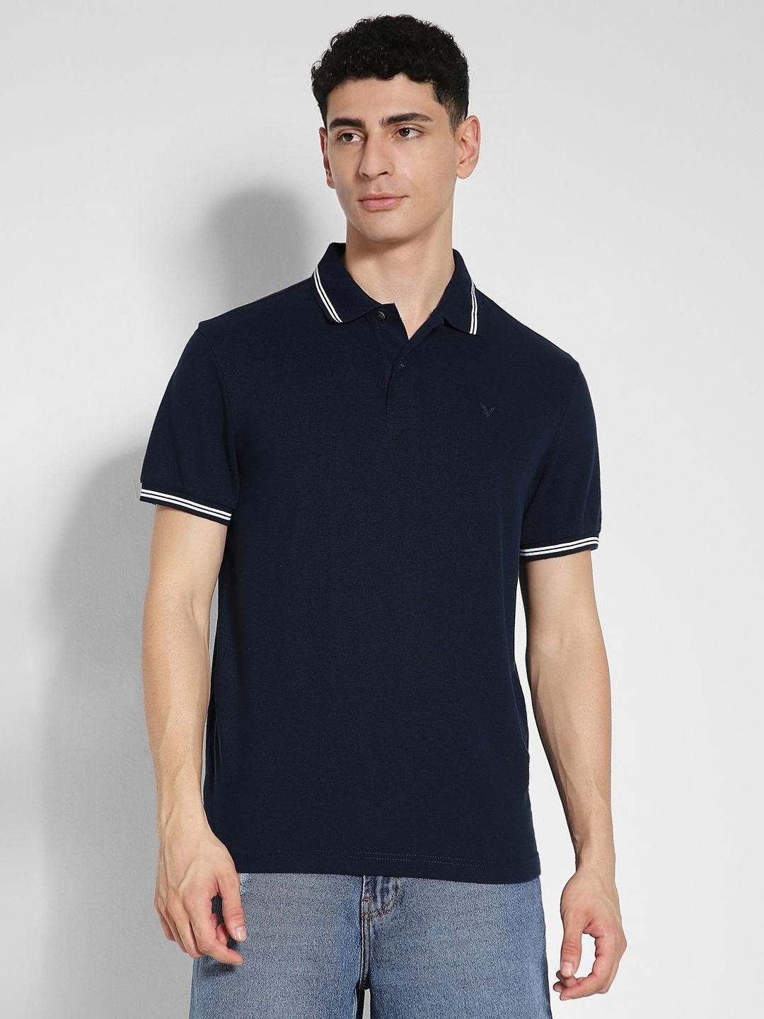 

AMERICAN EAGLE OUTFITTERS Men Solid Polo Collar Cotton T-shirt, Navy blue