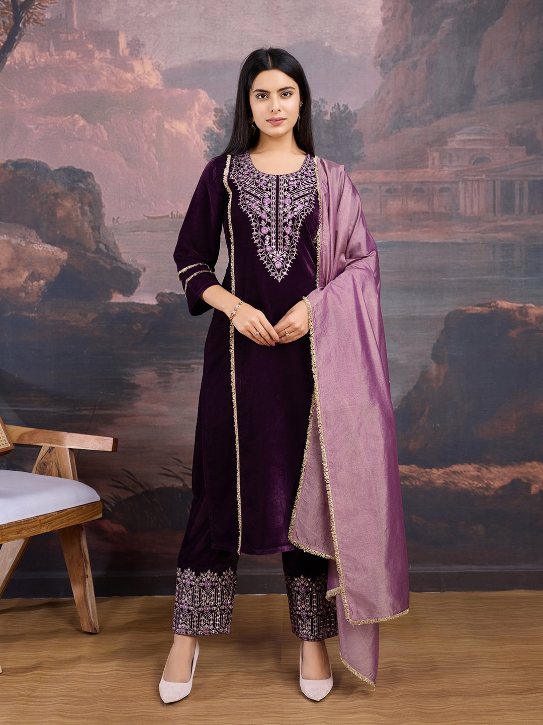 

House of Pataudi Velvet Embroidered Straight Kurta Set, Purple