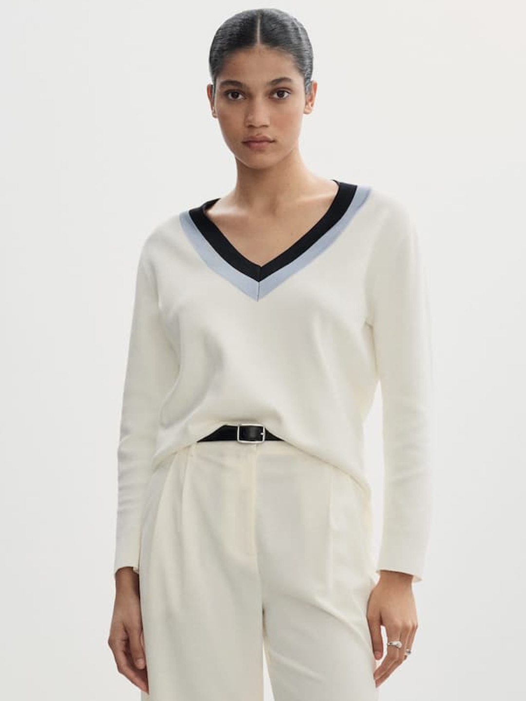 

MANGO Striped-Detailed Sweater, Cream