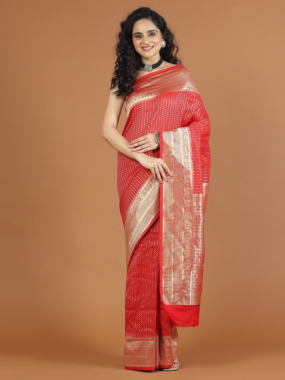 

Meena Bazaar Woven Design Zari Poly Crepe Saree, Red