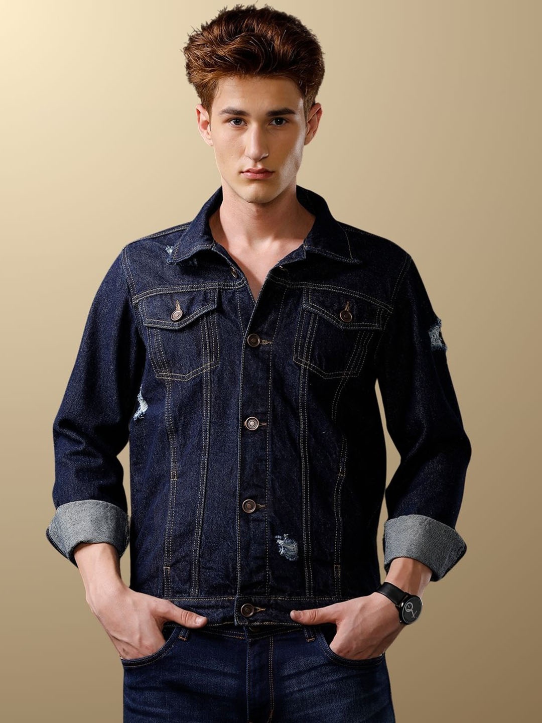 

TEMPLE OF DENIM Men Outdoor Denim Jacket with Embroidered, Navy blue