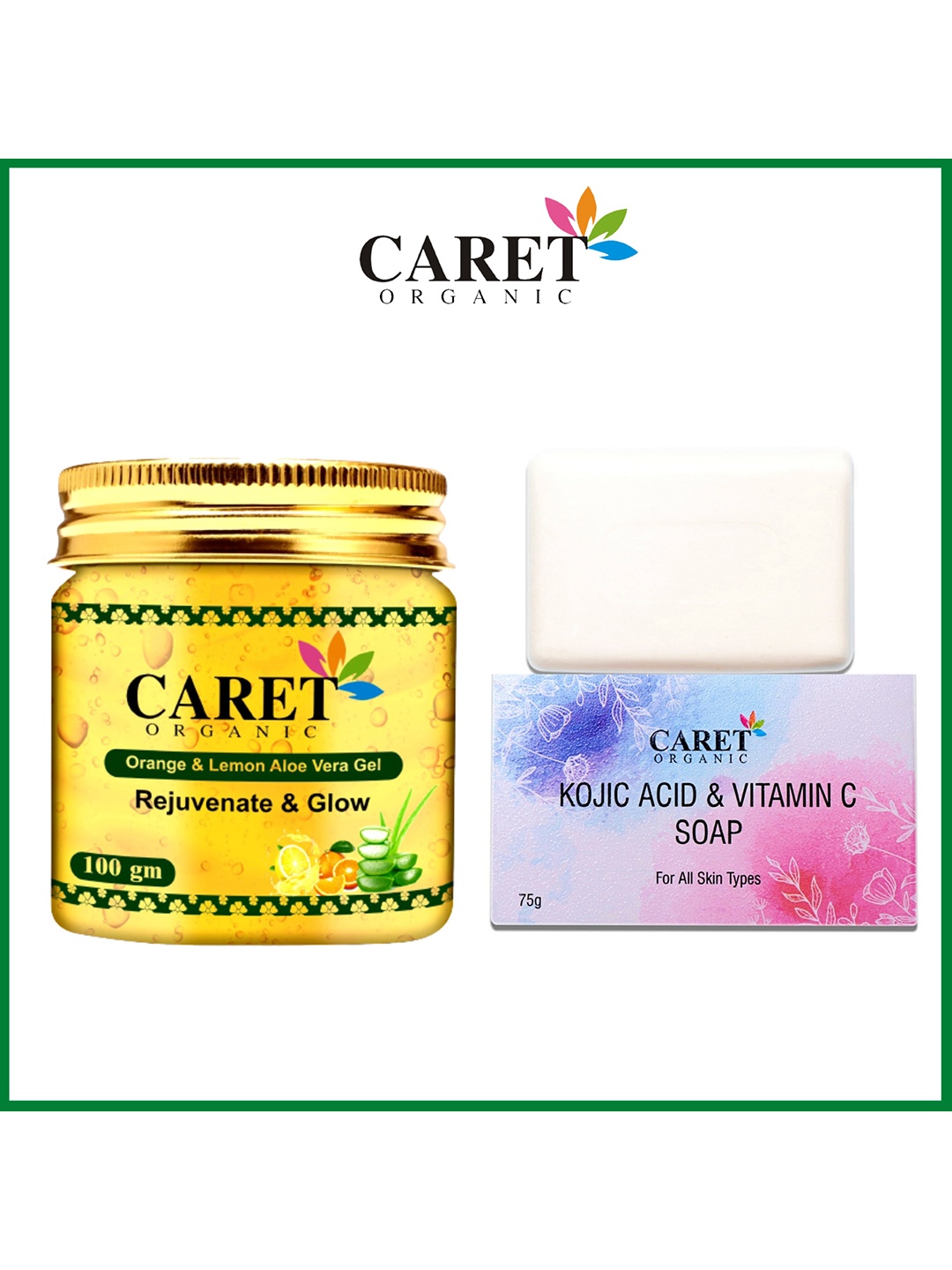 

CARET ORGANIC Set Of 2 Kojic acid Vitamin C Soap & Orange & Lemon Aloe Vera Gel, White