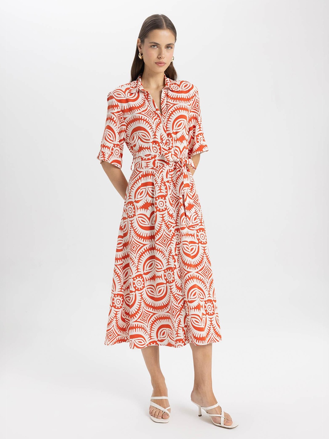 

DeFacto Print Shirt Midi Dress, Na