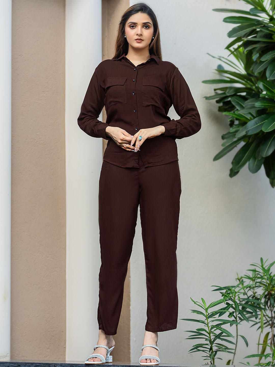 

Siya Fashion Shirt Collar Shirt With Trouser, Coffee brown