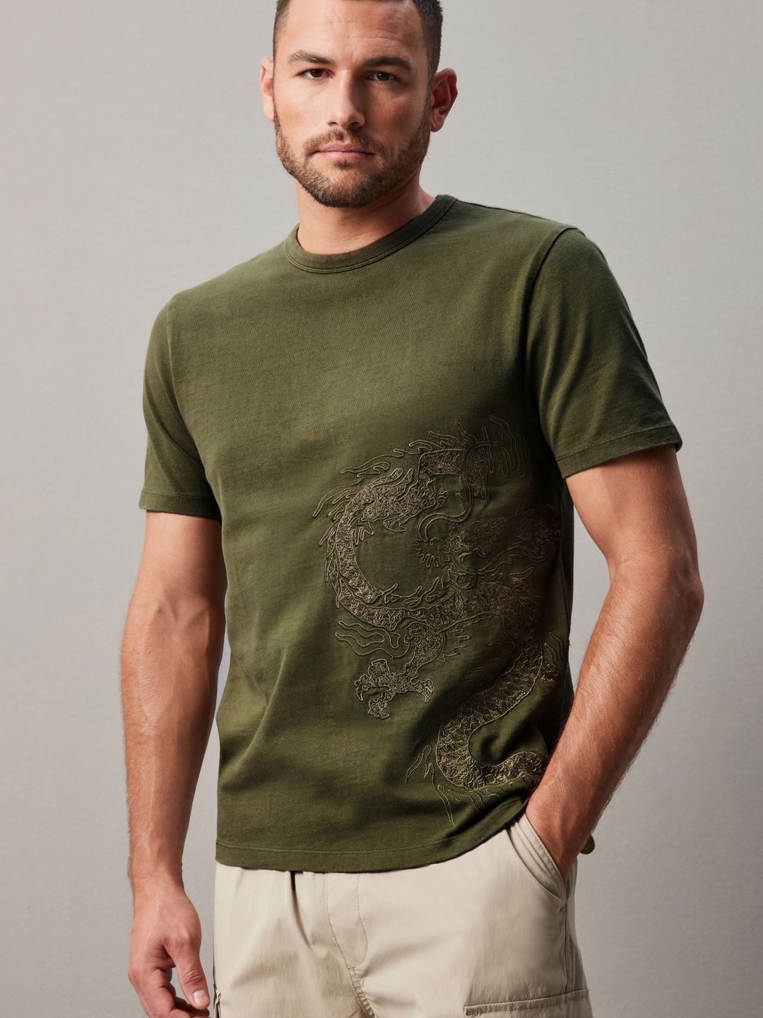 

NEXT Embroidered Pure Cotton T-shirt, Olive