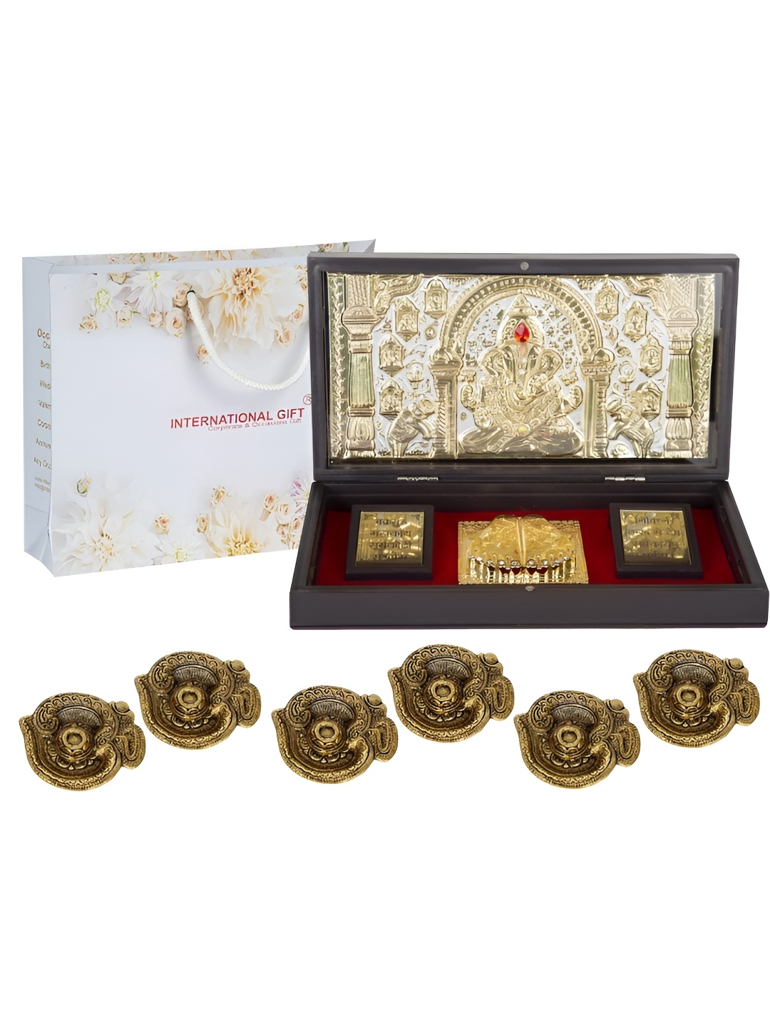 

INTERNATIONAL GIFT Gold-Toned Lord Ganesh Charan Paduka Box with 6 Om Diya