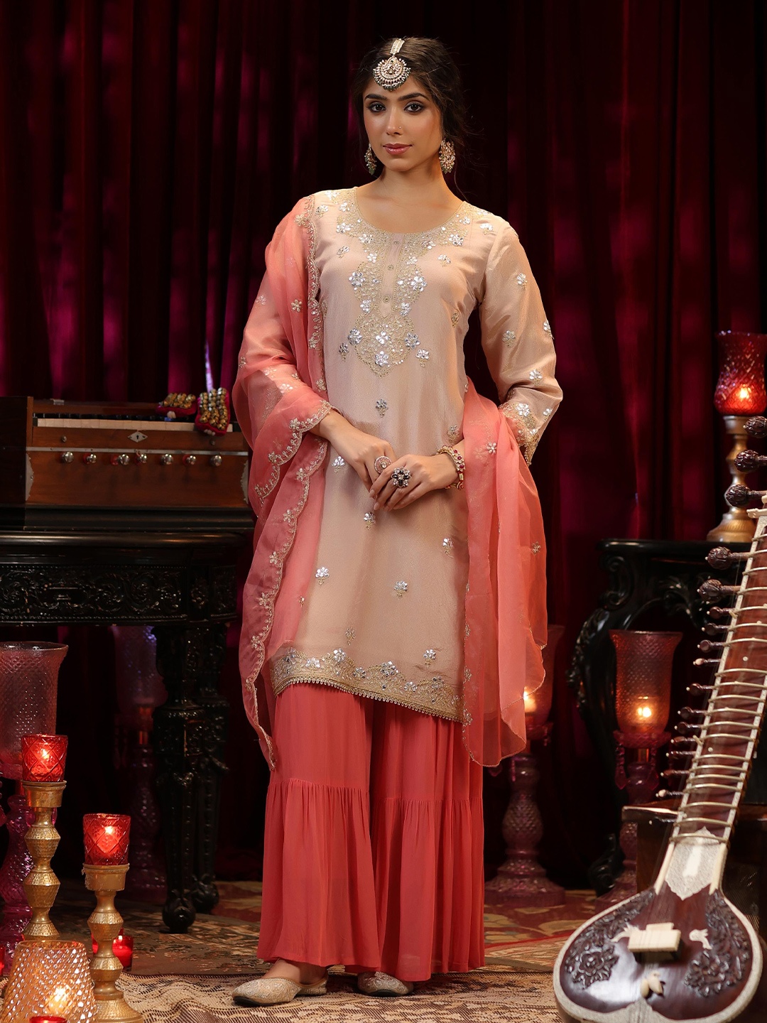 

SCAKHI Floral Embroidered Gotta Patti Organza Straight Kurta with Sharara & Dupatta, Rose