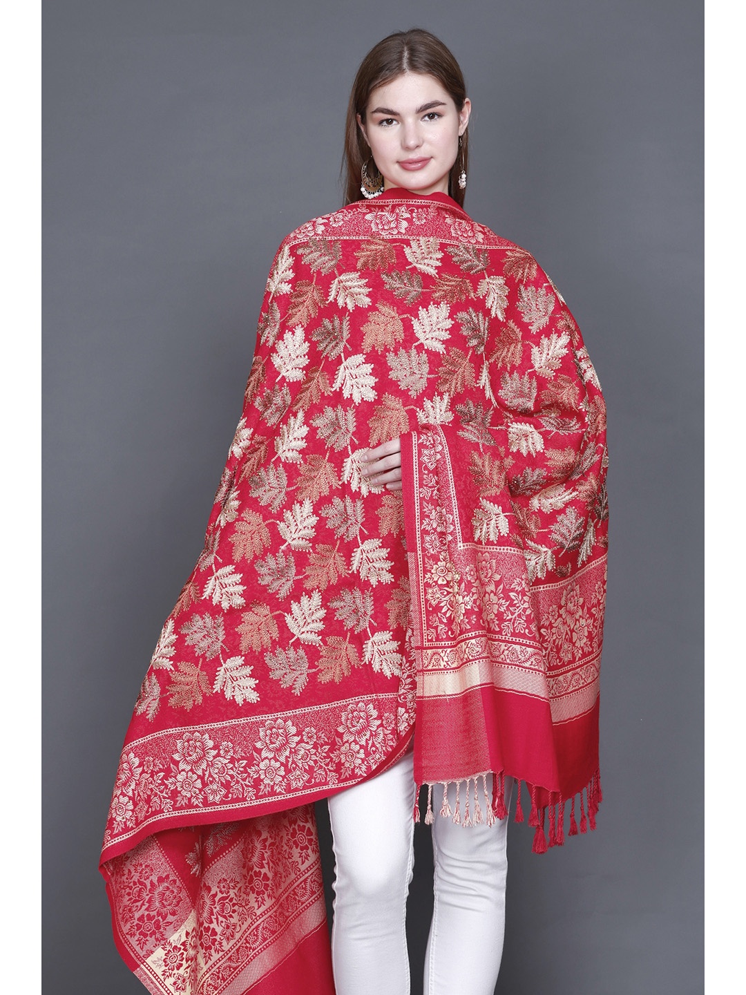 

GODFREY Floral Embroidered Woolen Shawl, Red