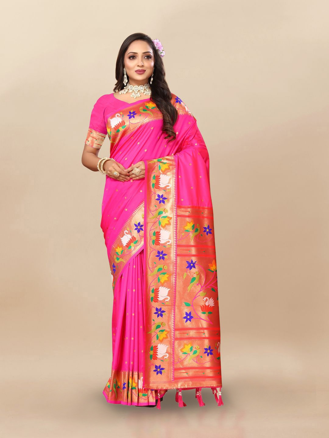 

MOKSHA DESIGNS Ethnic Motifs Zari Pure Silk Paithani Saree, Pink