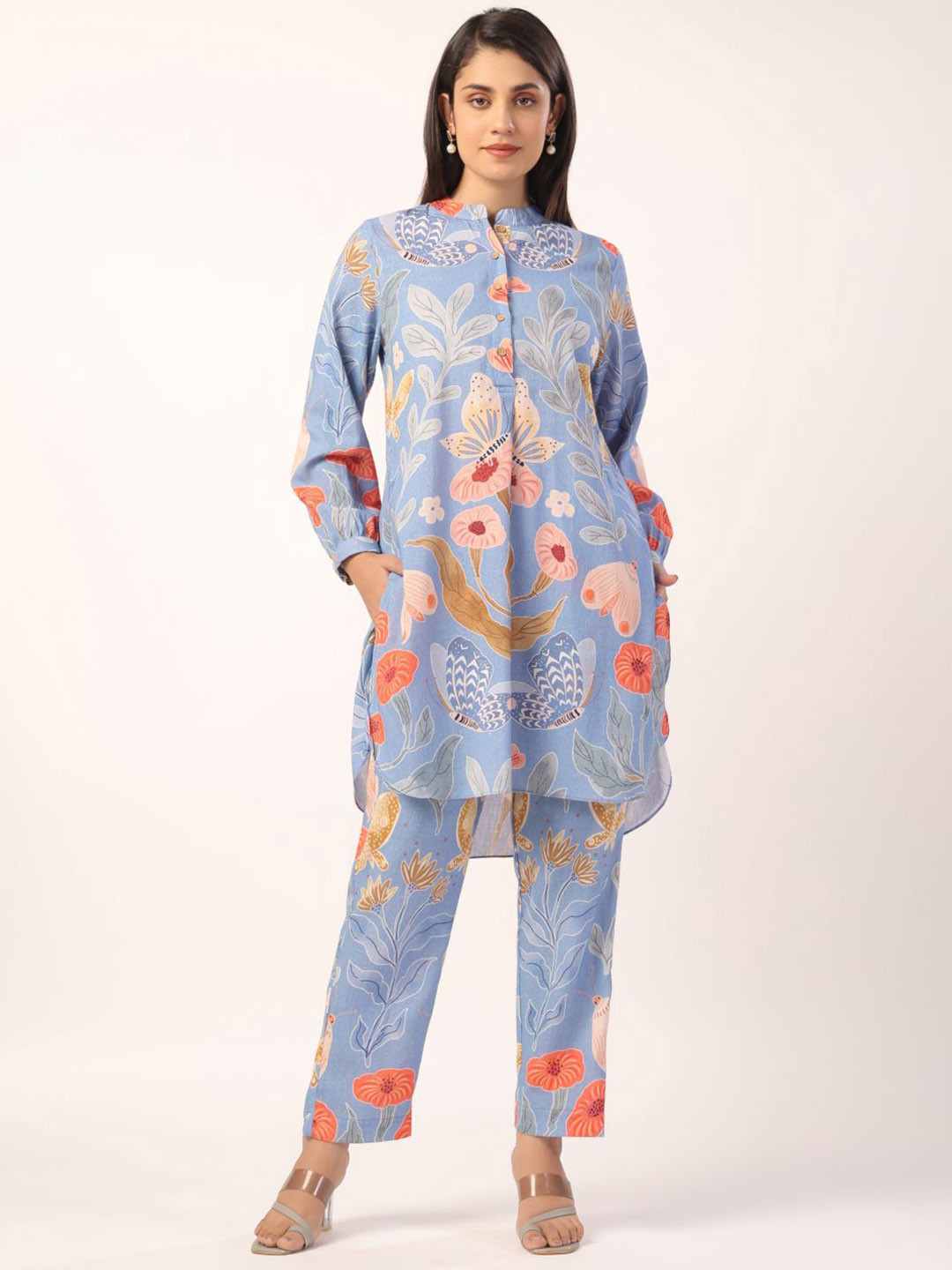 

JAIPURRANG Floral Printed Mandarin Collar Tunic With Trousers, Blue