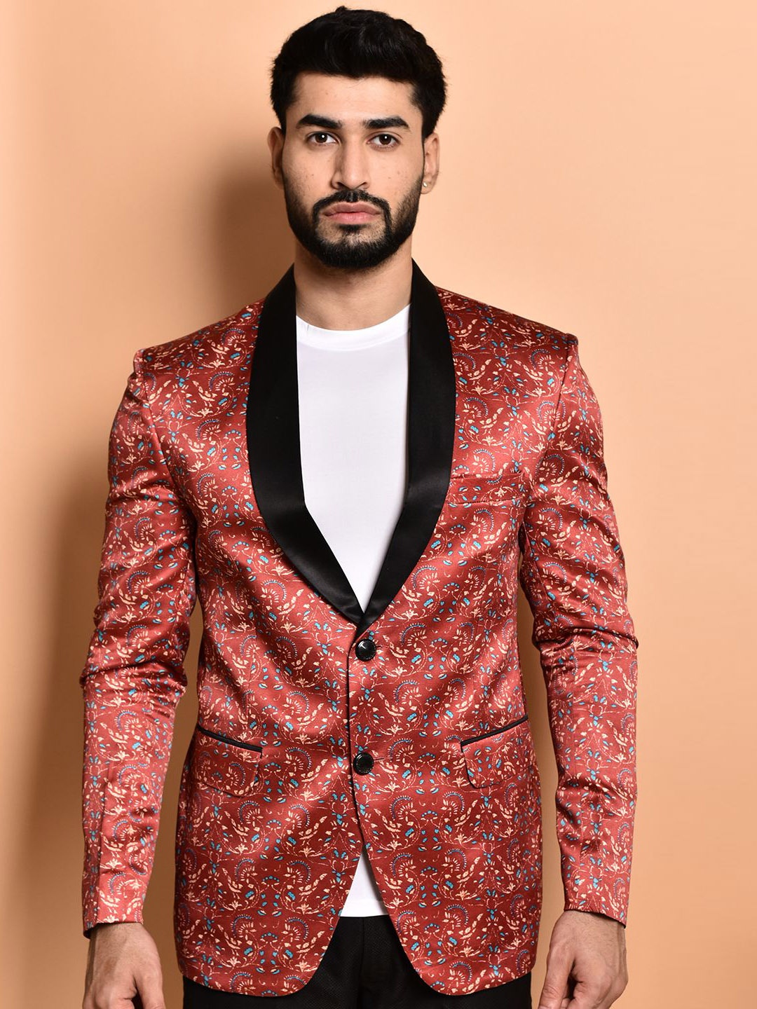 

PRINTCULTR Notched Lapel Collar Printed Single-Breasted Casual Blazer, Maroon