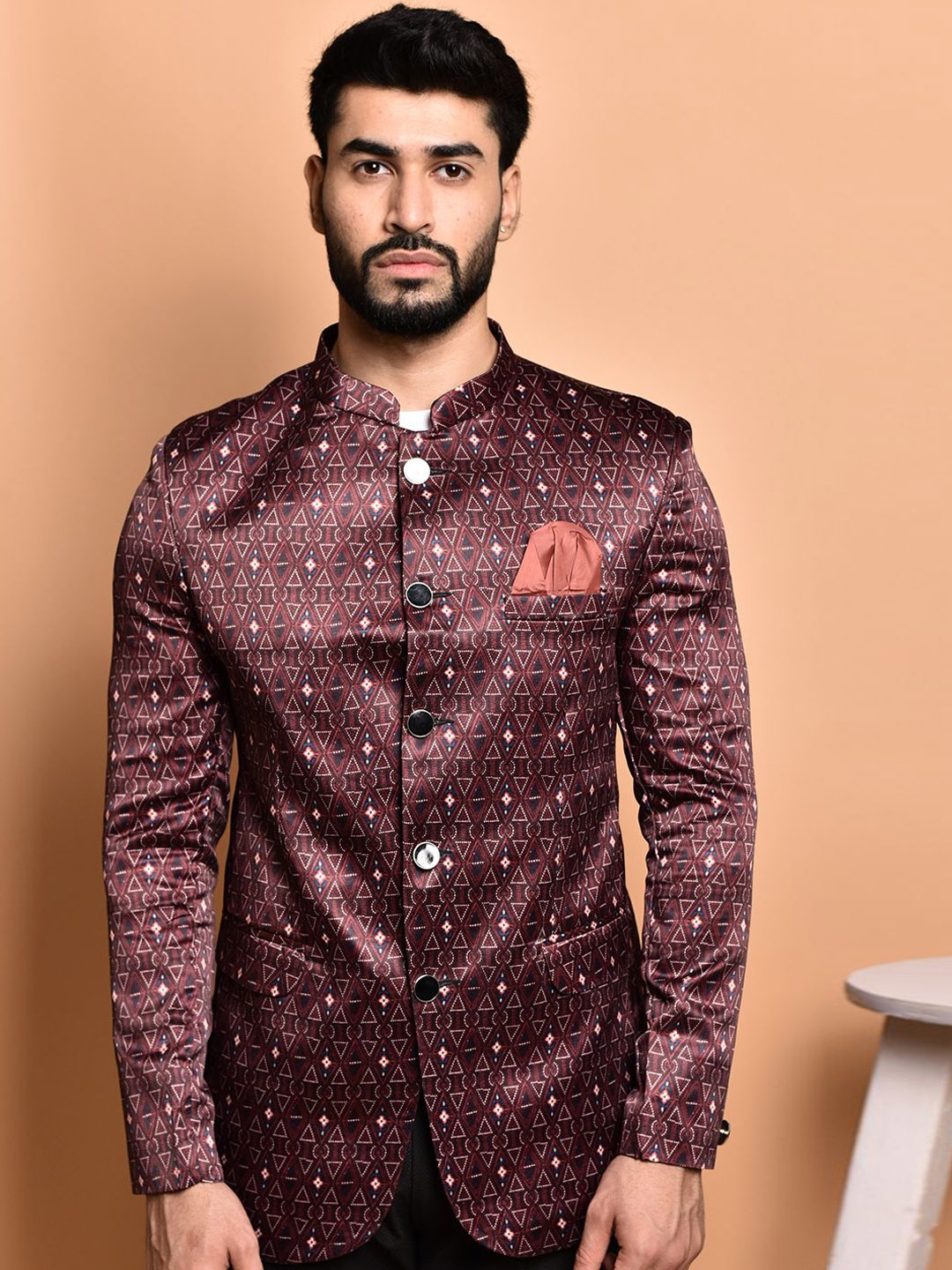 

PRINTCULTR Printed Mandarin Collar Bandhgala Casual Blazer, Brown