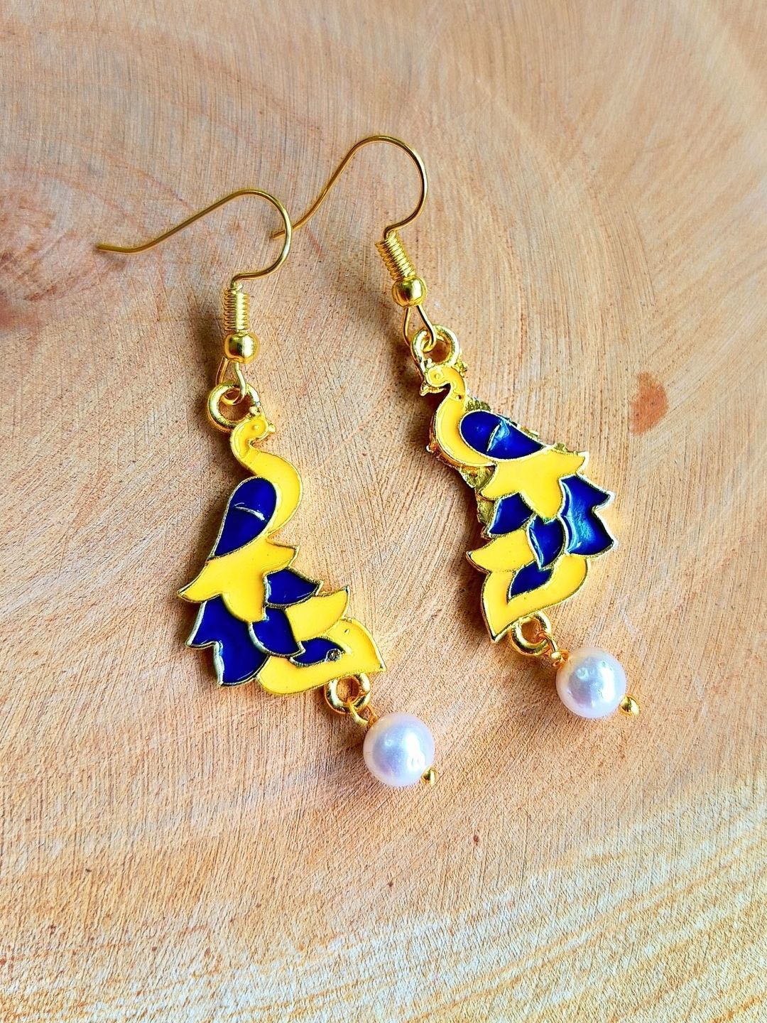 

Sangria Gold-Plated Meenakari Peacock Shaped Beaded Drop Earrings