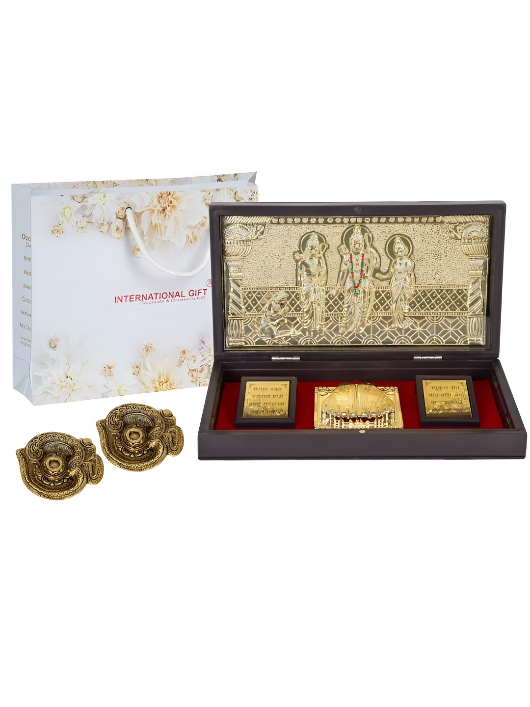 

INTERNATIONAL GIFT Gold-Toned Religious Shree Ram Darbar Paduka Showpiece with 2 Diya
