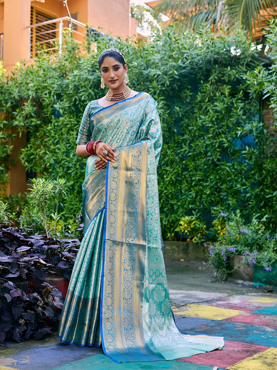 

Kandora Woven Design Zari Pure Silk Banarasi Saree, Teal