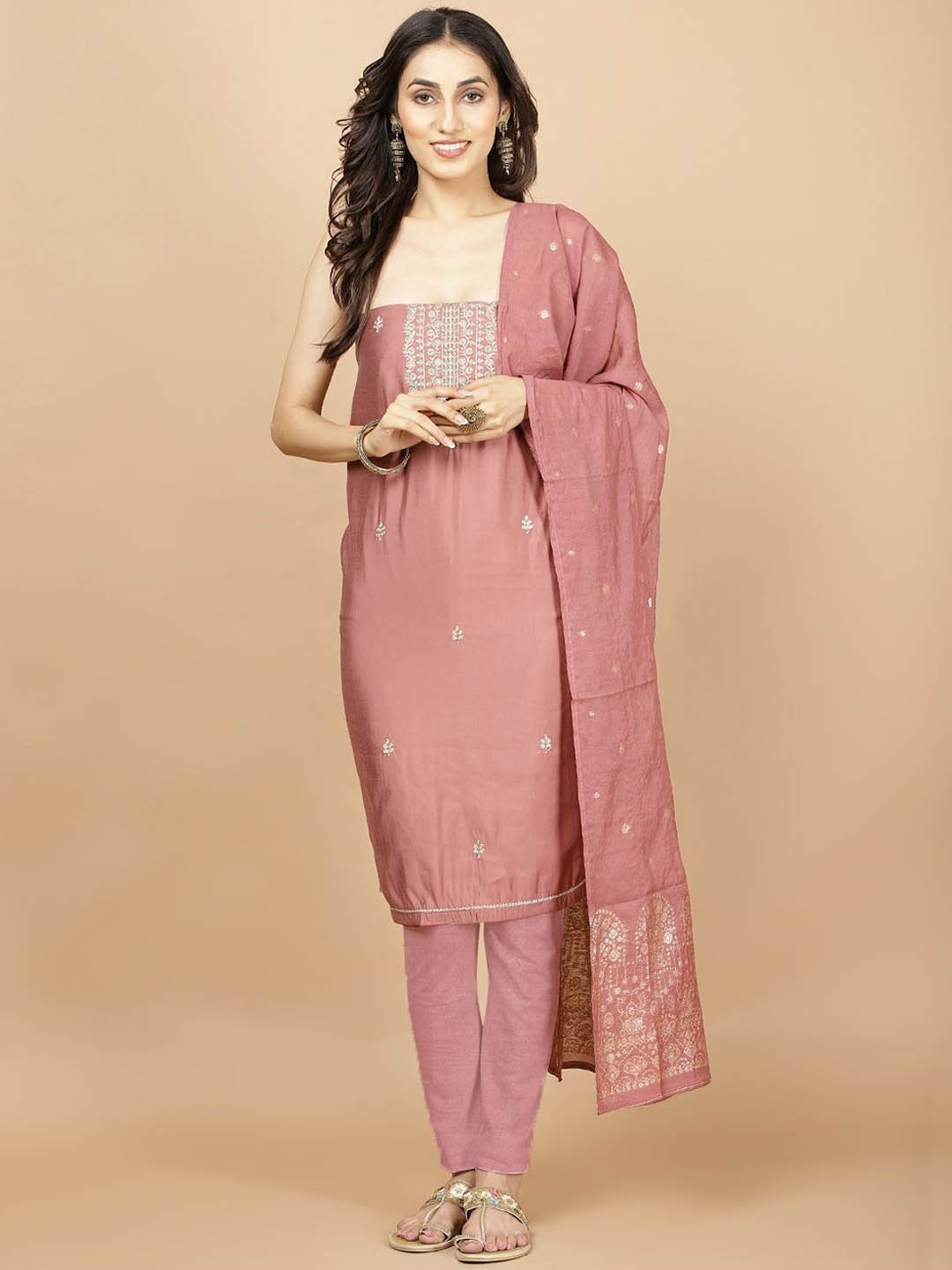 

Meena Bazaar Embroidered Art Silk Unstitched Dress Material, Pink