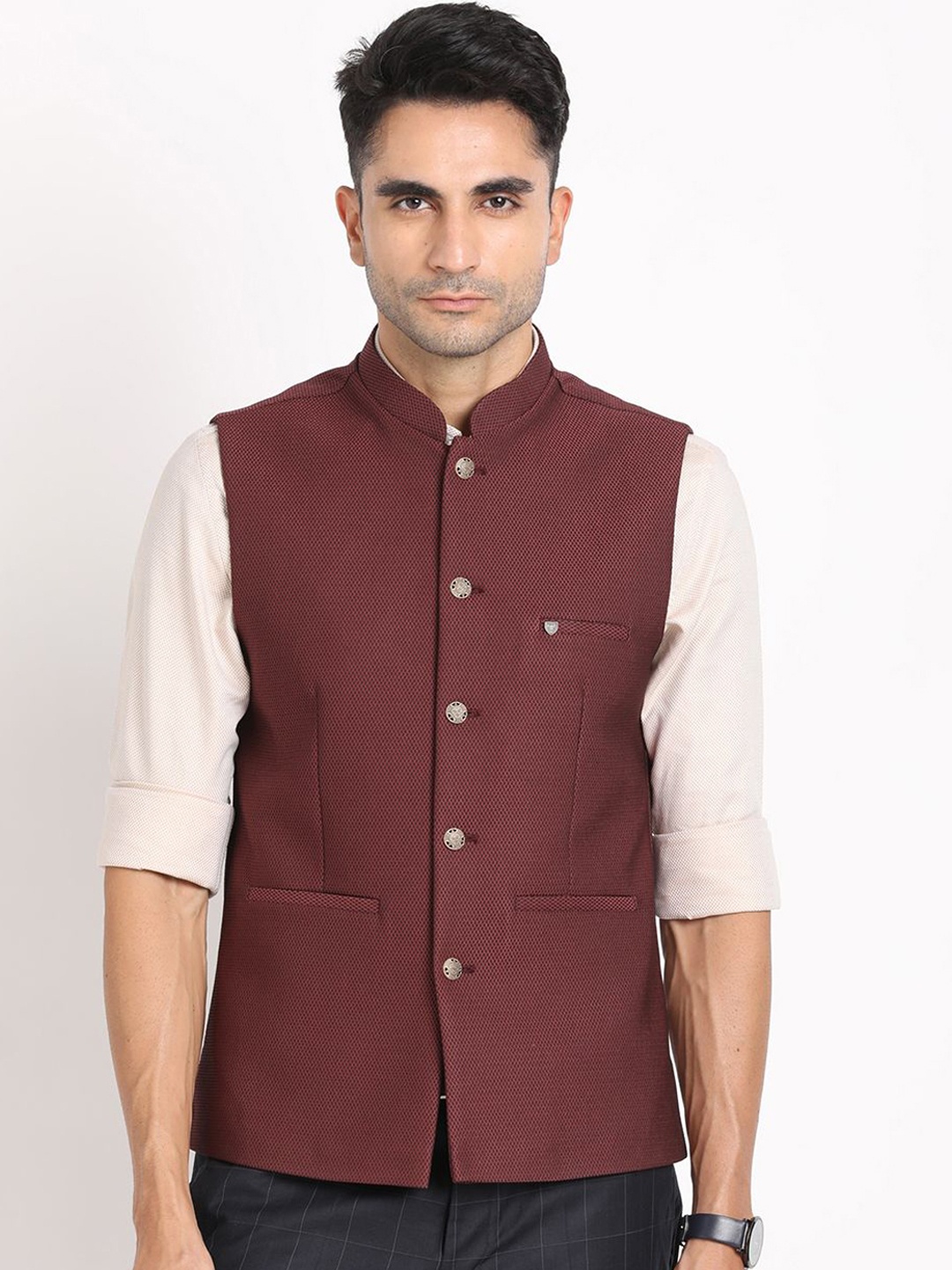 

Turtle Men Woven Design Nehru Jacket, Maroon